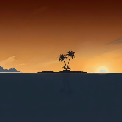 Digital Painting A Minimalist Scene Depicting A Small Island With Two Palm Trees Silhouetted Against A Gradient Sunset Sky Transitioning From Orange To Dark Blue The Water Is Calm Reflecting The Colors Of The Sky Wi 21 Da18