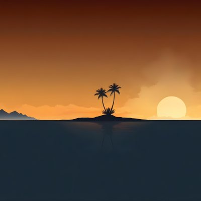 Digital Painting A Minimalist Scene Depicting A Small Island With Two Palm Trees Silhouetted Against A Gradient Sunset Sky Transitioning From Orange To Dark Blue The Water Is Calm Reflecting The Colors Of The Sky Wi 22 A066