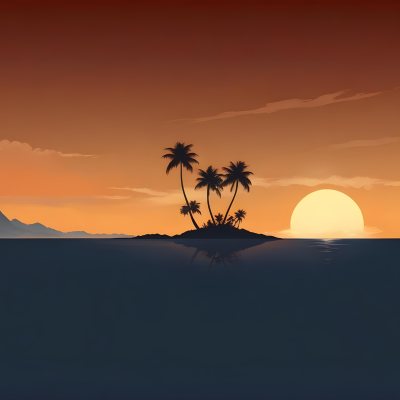 Digital Painting A Minimalist Scene Depicting A Small Island With Two Palm Trees Silhouetted Against A Gradient Sunset Sky Transitioning From Orange To Dark Blue The Water Is Calm Reflecting The Colors Of The Sky Wi 23 D6f9