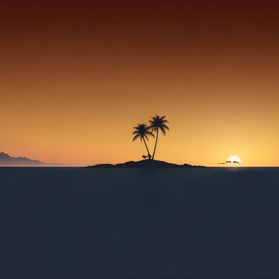 Digital Painting A Minimalist Scene Depicting A Small Island With Two Palm Trees Silhouetted Against A Gradient Sunset Sky Transitioning From Orange To Dark Blue The Water Is Calm Reflecting The Colors Of The Sky Wi 5 B6e0