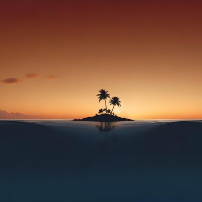 Digital Painting A Minimalist Scene Depicting A Small Island With Two Palm Trees Silhouetted Against A Gradient Sunset Sky Transitioning From Orange To Dark Blue The Water Is Calm Reflecting The Colors Of The Sky Wi 7 Be7f