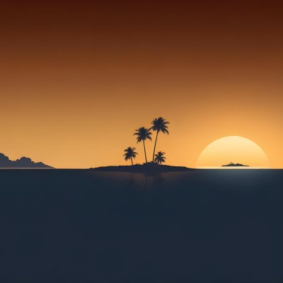 Digital Painting A Minimalist Scene Depicting A Small Island With Two Palm Trees Silhouetted Against A Gradient Sunset Sky Transitioning From Orange To Dark Blue The Water Is Calm Reflecting The Colors Of The Sky Wi 8 06ea