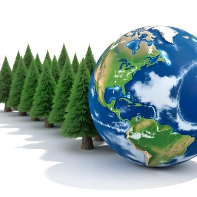 Earth Globe With A Row Of Green Trees On A White Background The Globe Shows The Continents And Oceans The Trees Are All The Same Size And Shape 25 3c8b