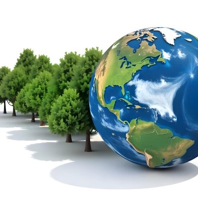 Earth Globe With A Row Of Green Trees On A White Background The Globe Shows The Continents And Oceans The Trees Are All The Same Size And Shape 29 3f2a