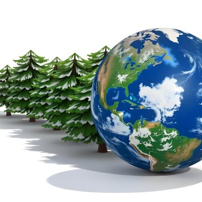 Earth Globe With A Row Of Green Trees On A White Background The Globe Shows The Continents And Oceans The Trees Are All The Same Size And Shape 33 Cf44