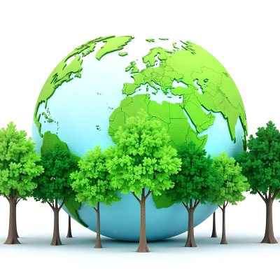 Earth Globe With A Row Of Green Trees On A White Background The Globe Shows The Continents And Oceans The Trees Are All The Same Size And Shape 37 108a