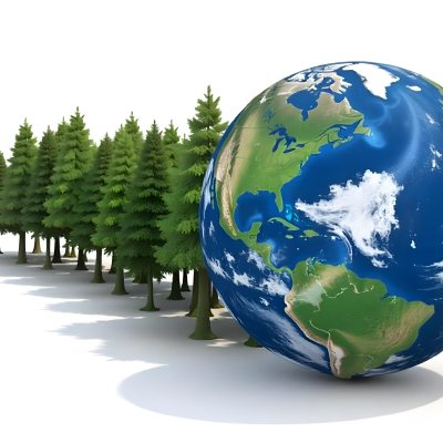 Earth Globe With A Row Of Green Trees On A White Background The Globe Shows The Continents And Oceans The Trees Are All The Same Size And Shape 46 68ea