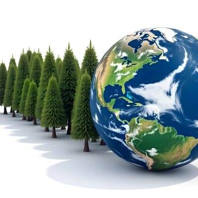 Earth Globe With A Row Of Green Trees On A White Background The Globe Shows The Continents And Oceans The Trees Are All The Same Size And Shape 5 66ab