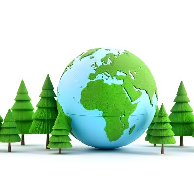 Earth Globe With A Row Of Green Trees On A White Background The Globe Shows The Continents And Oceans The Trees Are All The Same Size And Shape 56 3261