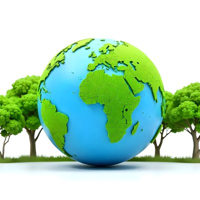 Earth Globe With A Row Of Green Trees On A White Background The Globe Shows The Continents And Oceans The Trees Are All The Same Size And Shape 60 F6cf
