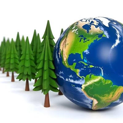 Earth Globe With A Row Of Green Trees On A White Background The Globe Shows The Continents And Oceans The Trees Are All The Same Size And Shape 62 376b