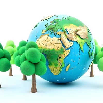 Earth Globe With A Row Of Green Trees On A White Background The Globe Shows The Continents And Oceans The Trees Are All The Same Size And Shape 63 B60b