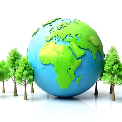 Earth Globe With A Row Of Green Trees On A White Background The Globe Shows The Continents And Oceans The Trees Are All The Same Size And Shape 64 C647