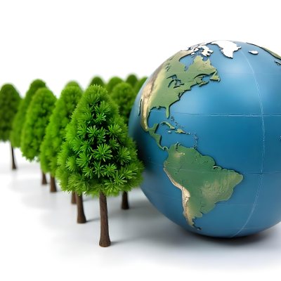 Earth Globe With A Row Of Green Trees On A White Background The Globe Shows The Continents And Oceans The Trees Are All The Same Size And Shape 71 Bc87