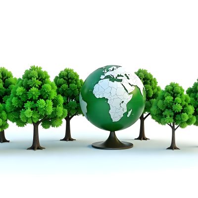 Earth Globe With A Row Of Green Trees On A White Background The Globe Shows The Continents And Oceans The Trees Are All The Same Size And Shape 72 Fc6a