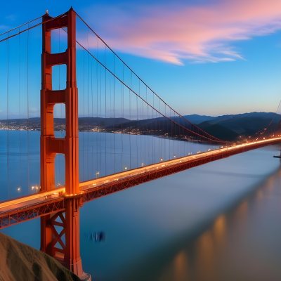 Golden Gate Bridge At Sunset With A Blue Sky And Clouds The Water Is Calm And Reflects The Colors Of The Sky 14 Af94