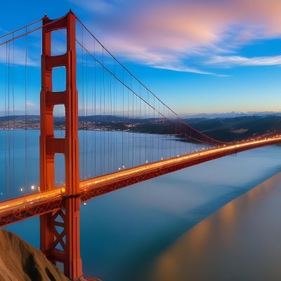 Golden Gate Bridge At Sunset With A Blue Sky And Clouds The Water Is Calm And Reflects The Colors Of The Sky 15 128d