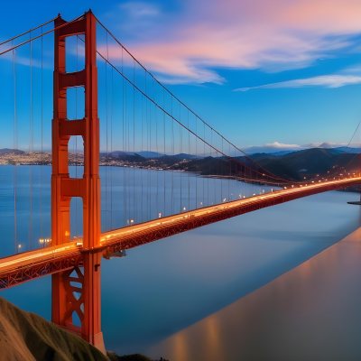 Golden Gate Bridge At Sunset With A Blue Sky And Clouds The Water Is Calm And Reflects The Colors Of The Sky 16 608c
