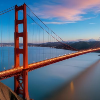 Golden Gate Bridge At Sunset With A Blue Sky And Clouds The Water Is Calm And Reflects The Colors Of The Sky 17 B267