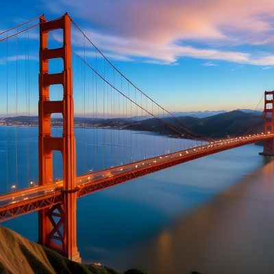 Golden Gate Bridge At Sunset With A Blue Sky And Clouds The Water Is Calm And Reflects The Colors Of The Sky 18 5cd3