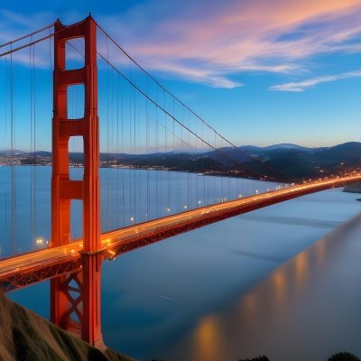 Golden Gate Bridge At Sunset With A Blue Sky And Clouds The Water Is Calm And Reflects The Colors Of The Sky 23 F247