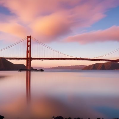 Golden Gate Bridge At Sunset With A Blue Sky And Clouds The Water Is Calm And Reflects The Colors Of The Sky 3 E067