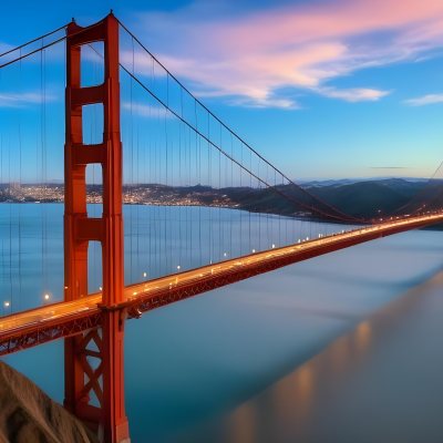 Golden Gate Bridge At Sunset With A Blue Sky And Clouds The Water Is Calm And Reflects The Colors Of The Sky 38 2b5f