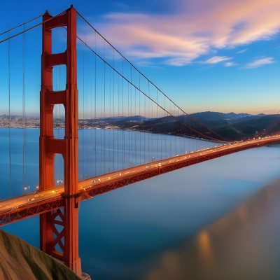 Golden Gate Bridge At Sunset With A Blue Sky And Clouds The Water Is Calm And Reflects The Colors Of The Sky 42 200a