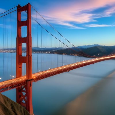 Golden Gate Bridge At Sunset With A Blue Sky And Clouds The Water Is Calm And Reflects The Colors Of The Sky 43 1e01