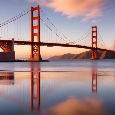Golden Gate Bridge At Sunset With A Blue Sky And Clouds The Water Is Calm And Reflects The Colors Of The Sky 6 Bff3