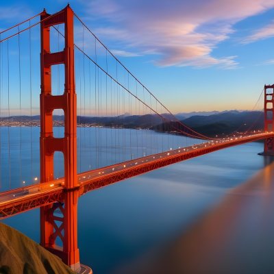 Golden Gate Bridge At Sunset With A Blue Sky And Clouds The Water Is Calm And Reflects The Colors Of The Sky 7 1121