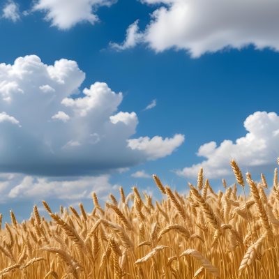 Golden Wheat Field With Tall Stalks Against A Backdrop Of Blue Sky And Fluffy White Clouds 31 Bb0a
