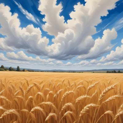 Golden Wheat Field With Tall Stalks Against A Backdrop Of Blue Sky And Fluffy White Clouds 7 F411