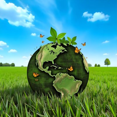 Green Earth Globe With Leaves And Butterflies On A Grass Field Under A Blue Sky With White Clouds Trees In The Background 12 Dbfa
