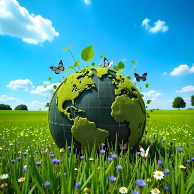 Green Earth Globe With Leaves And Butterflies On A Grass Field Under A Blue Sky With White Clouds Trees In The Background 14 3687