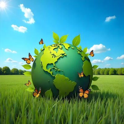 Green Earth Globe With Leaves And Butterflies On A Grass Field Under A Blue Sky With White Clouds Trees In The Background 15 Ac05