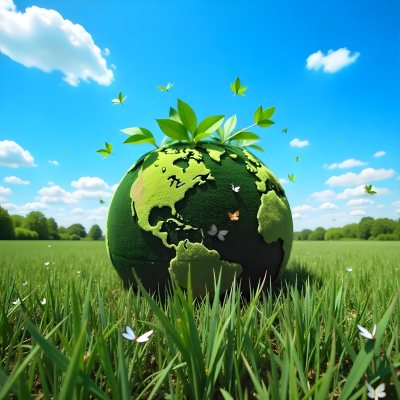 Green Earth Globe With Leaves And Butterflies On A Grass Field Under A Blue Sky With White Clouds Trees In The Background 2 5469