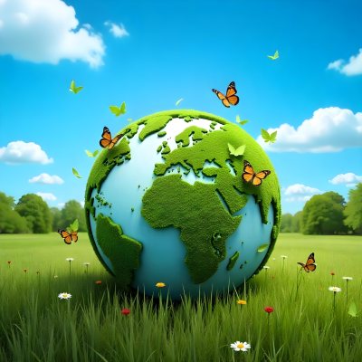 Green Earth Globe With Leaves And Butterflies On A Grass Field Under A Blue Sky With White Clouds Trees In The Background 21 94c9
