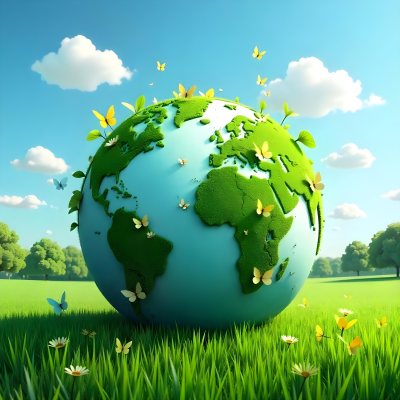 Green Earth Globe With Leaves And Butterflies On A Grass Field Under A Blue Sky With White Clouds Trees In The Background 31 C147