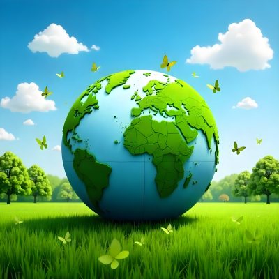 Green Earth Globe With Leaves And Butterflies On A Grass Field Under A Blue Sky With White Clouds Trees In The Background 48 12e3