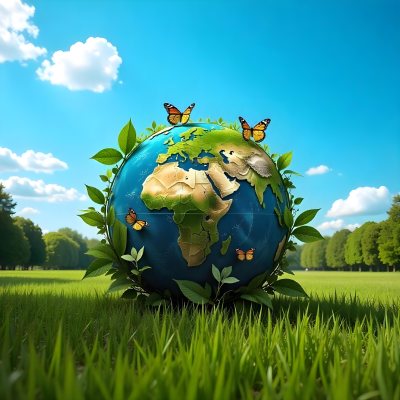 Green Earth Globe With Leaves And Butterflies On A Grass Field Under A Blue Sky With White Clouds Trees In The Background 5 398e