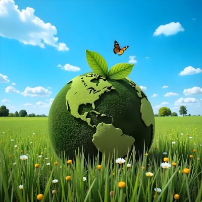 Green Earth Globe With Leaves And Butterflies On A Grass Field Under A Blue Sky With White Clouds Trees In The Background 6 D777