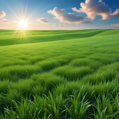 Green Grass Field Under A Blue Sky With Clouds And Sun 16 E21b