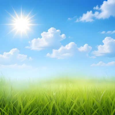 Green Grass Field Under A Blue Sky With Clouds And Sun 17 F342