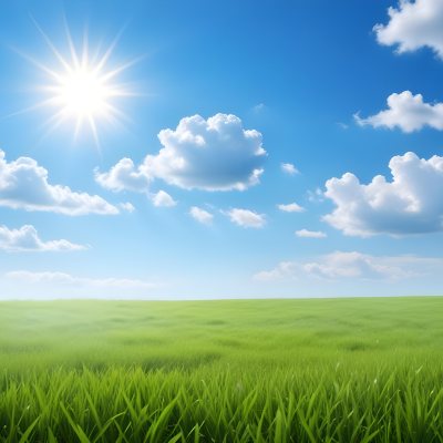 Green Grass Field Under A Blue Sky With Clouds And Sun 4 E39e