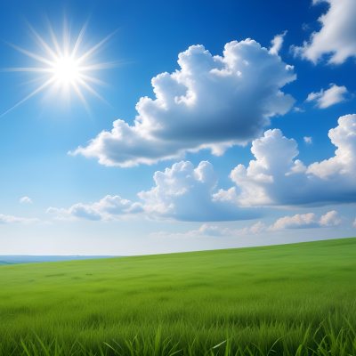 Green Grass Field Under A Blue Sky With Clouds And Sun 6 6282