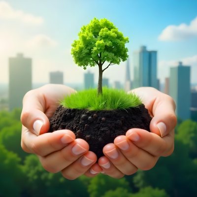 Hands Holding A Miniature Earth With A Tree Growing On Top A Patch Of Green Grass And A Cityscape In The Background 12 1a7e