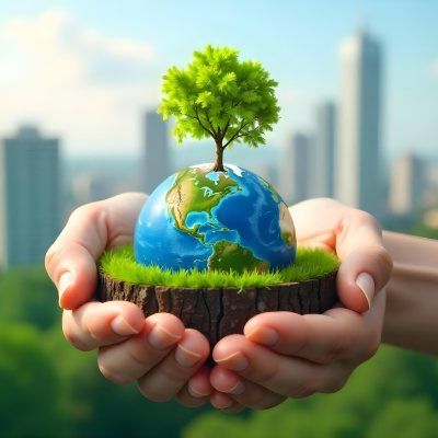 Hands Holding A Miniature Earth With A Tree Growing On Top A Patch Of Green Grass And A Cityscape In The Background 13 6f3c