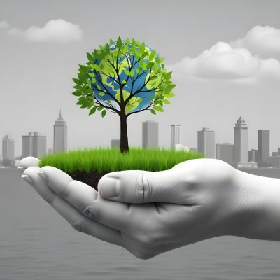 Hands Holding A Miniature Earth With A Tree Growing On Top A Patch Of Green Grass And A Cityscape In The Background 14 E872