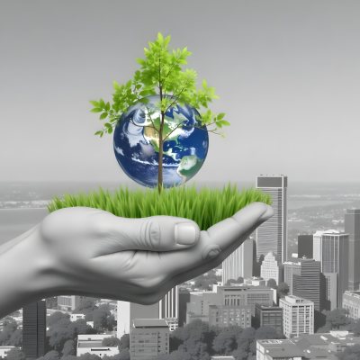 Hands Holding A Miniature Earth With A Tree Growing On Top A Patch Of Green Grass And A Cityscape In The Background 20 9666
